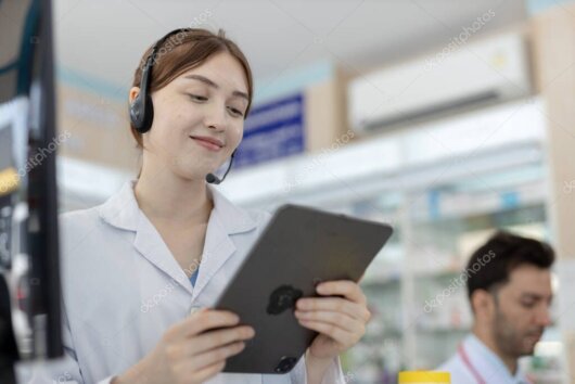 Paziente, farmacista e medico collegati tramite una piattaforma digitale